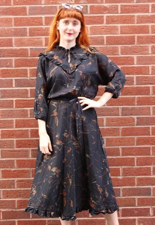 VINTAGE 70'S MIDI DRESS BLACK & BROWN FLORAL CHECK RUFFLE