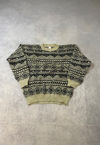 VINTAGE KNITTED JUMPER ABSTRACT PATTERNED GRANDAD SWEATER