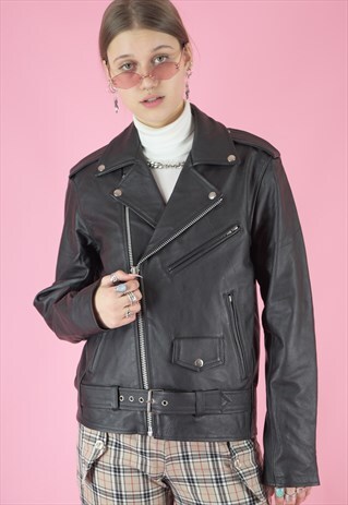 VINTAGE LEATHER BIKER JACKET IN BLACK WITH SILVER DETAILS