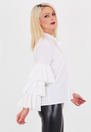 WHITE LONG RUFFLE FRILL BELL SLEEVES BLOUSE