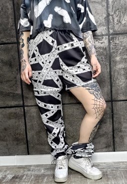 Chain print joggers detachable handmade shorts punk pants