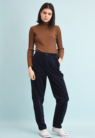 90'S RETRO CORDUROY REGULAR WAIST NAVY BLUE TROUSERS