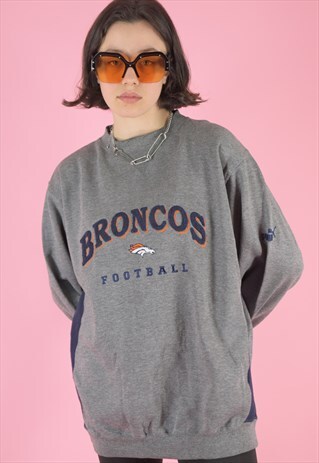 VINTAGE 90S SWEATSHIRT JUMPER IN GREY WITH NFL BRONCOS PRINT