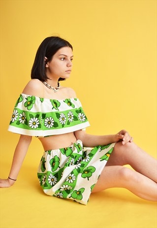 70'S RETRO BOHO ABSTRACT FLORAL PATTERN CO-ORD TWO PIECE