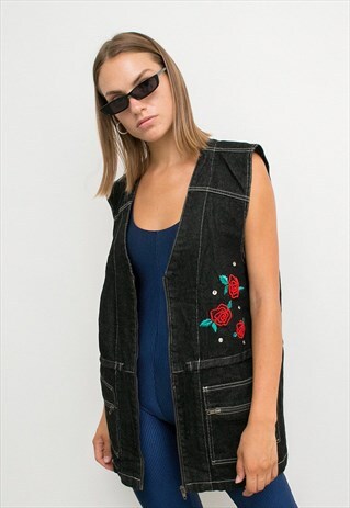 VINTAGE WOMAN DENIM VEST 90S BLACK LONG VNECK