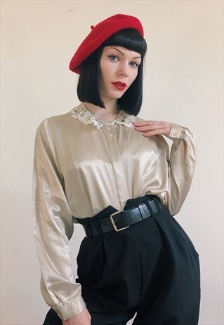 90S VINTAGE SHINY SATIN LIGHT IVORY GOLD LACE COLLAR BLOUSE