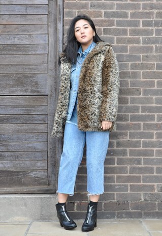 VTG 90S LEOPARD PRINT HOODED FAUX FUR TEDDY WINTER COAT