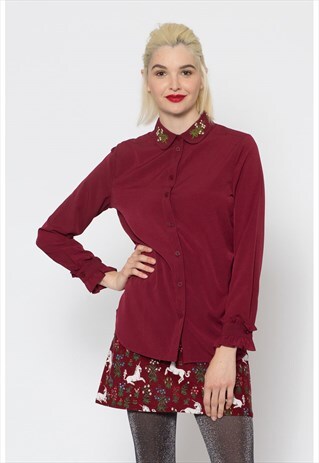 RED LONG SLEEVE RUFFLE BLOUSE