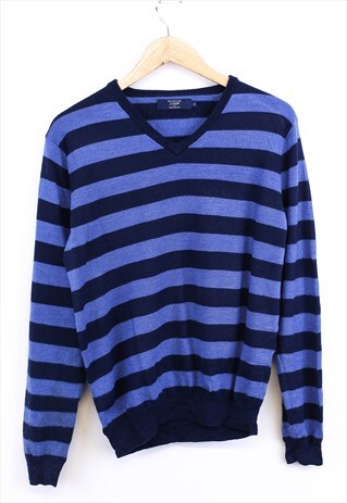 VINTAGE J.CREW KNIT JUMPER NAVY STRIPED PULLOVER V NECK 90S