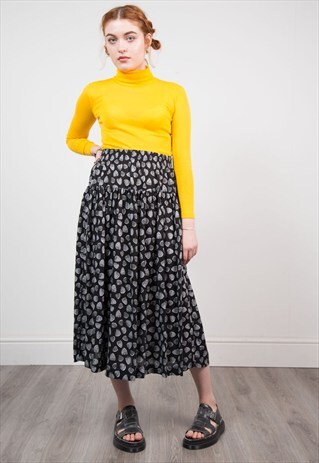 VINTAGE BLACK SHELL PATTERN MIDI SKIRT