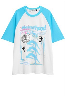 Retro raglan t-shirt spiritual print tee grunge top in blue