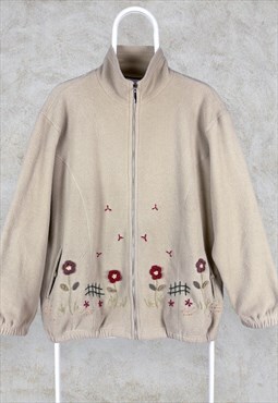 Vintage Embroidered Patterned Fleece Beige Floral UK 12/14