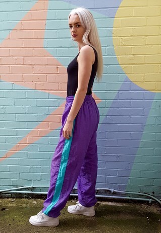 PURPLE SHELLSUIT JOGGERS TRACKSUIT BOTTOMS WITH STRIPES