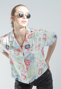 Vintage Reworked Boxy Fit Watercolor Printed Crop Shirt M