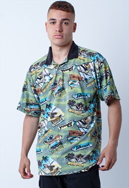 Vintage Abstract Pattern Beach Polo Shirt in Green Large