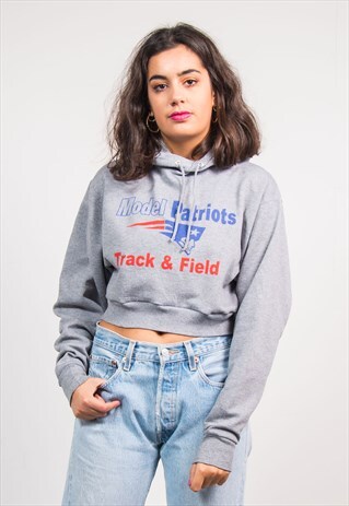 90'S VINTAGE GREY COLLEGE REWORK CROPPED HOODIE SWEATSHIRT