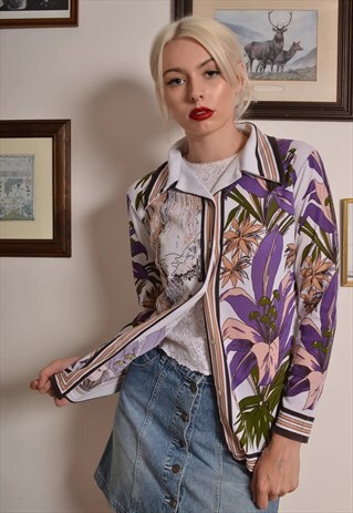 VINTAGE 70S TROPICAL FLORAL POINTY COLLAR BLOUSE TOP