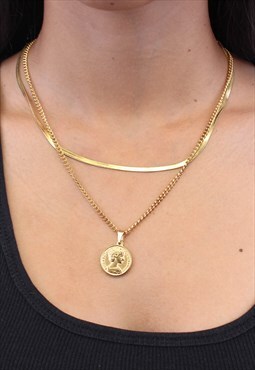 Layered 18k Gold Snake Chain Coin Pendant Link Necklace 