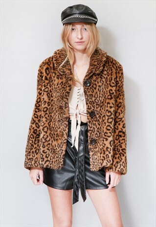 VINTAGE 1980'S CROPPED LEOPARD PRINT FAUX FUR COAT