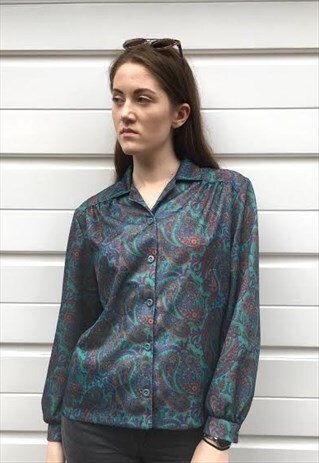 WOMENS VINTAGE 80S FLORAL PAISLEY LONG SLEEVE BLOUSE SHIRT
