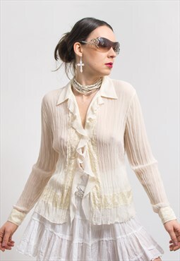 Vintage sheer blouse in cream white boho shirt ruffled