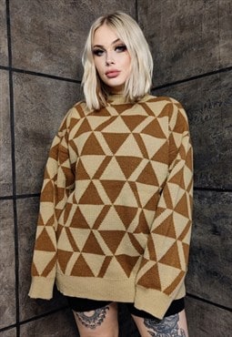 Geometric sweater knit retro triangle pattern jumper brown