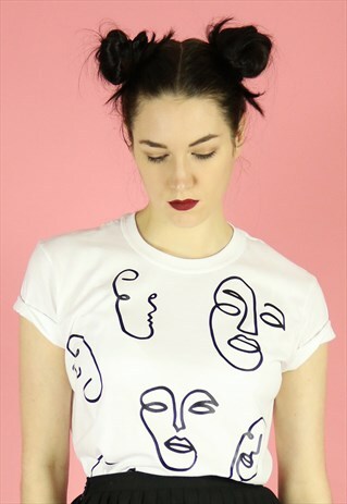 FACES FACE DESIGN GRAPHIC PRINT T-SHIRT - BLACK ON WHITE TOP