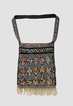 70's Black Multi Coloured Beaded Tassel Folk Hippy Bag