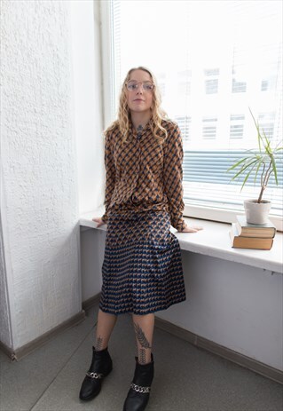 VINTAGE 80'S BROWN PATTERNED MIDI LONG SLEEVED DRESS