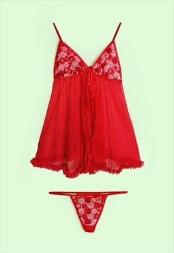 V-DAY Sheer Red Tulle Lingerie Set Tank Top Cami G String