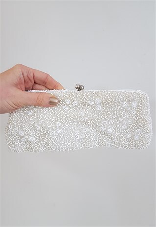 VINTAGE 60'S CREAM BEADED PURSE CLUTCH BAG