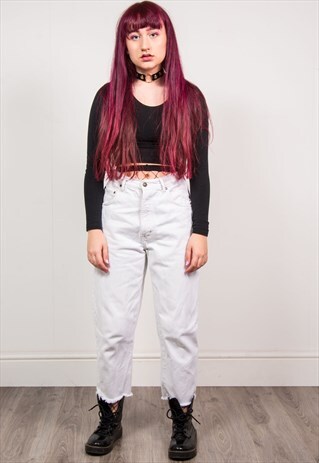 VINTAGE 90'S WHITE DENIM HIGH WAIST RAW HEM MOM JEANS