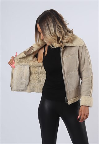 SHEEPSKIN SUEDE SHEARLING COAT LEATHER JACKET UK 8 (BJ6R)