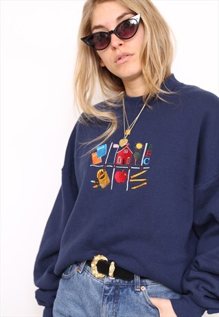VINTAGE 90S BLUE EMBROIDERED SWEATER JUMPER