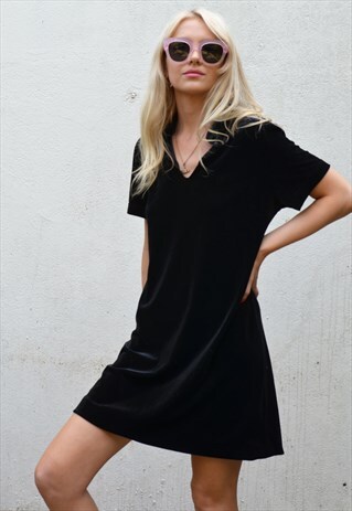 VINTAGE 90S BLACK VELVET SHORT SLEEVE MINI DRESS