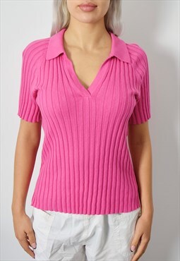 Vintage Y2K Ribbed Knit Jumper Top Pink 