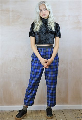 BLUE TARTAN TEXTURED CROP PEG TROUSERS