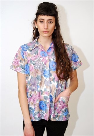 VINTAGE FLORAL SHIRT (XL) TOP 70S BLOUSE PASTEL MOD OVERSIZE