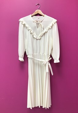 Vintage Knit Dress Cream Midi Pleated Belted 