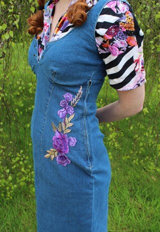 VINTAGE REWORKED 90S DENIM PENCIL DRESS WITH FLORAL BADGE