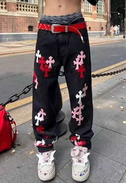 Cross patch jeans distressed grunge rapper denim pants black