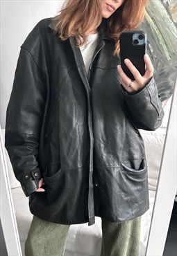 80s Black leather Oversized Coat - XL