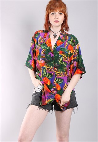 VINTAGE 80S CRAZY TROPICAL PATTERNED OVERSIZE FESTIVAL SHIRT