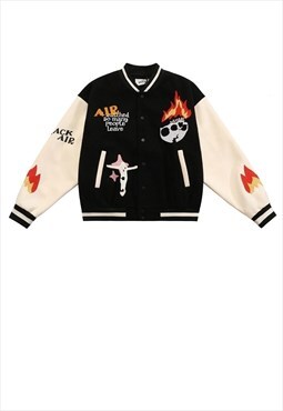 Flame varsity jacket faux leather skeleton bomber in black