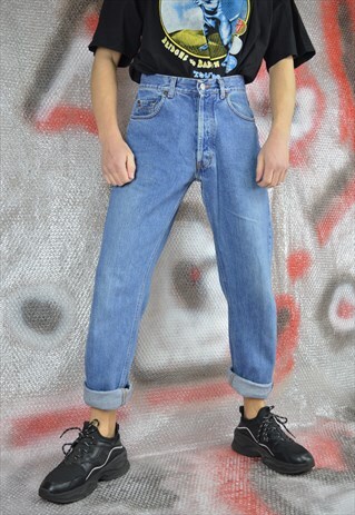 VINTAGE BLUE DENIM STRAIGHT JEANS TROUSERS