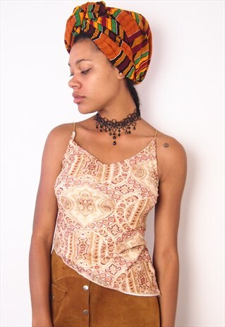 BROWN MULTI PRINT TOP WITH DIAGONAL CUT