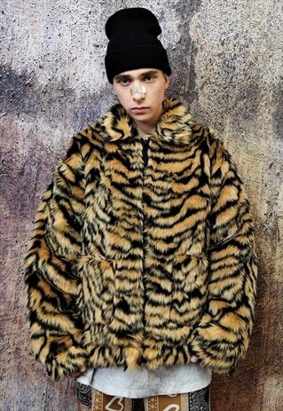Tiger fleece jacket faux fur zebra fluffy bomber brown black