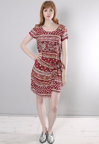 VINTAGE 90S RED PATTERNED SUMMER FESTIVAL WRAP DRESS