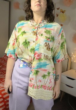 Vintage 90s Colourful Tropical Beach Floral Shirt Blouse Top