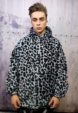 Leopard fleece jacket in grey animal print hooded bomber 